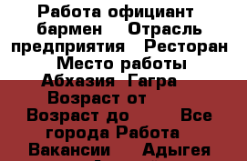 Работа официант, бармен  › Отрасль предприятия ­ Ресторан  › Место работы ­ Абхазия. Гагра  › Возраст от ­ 18 › Возраст до ­ 35 - Все города Работа » Вакансии   . Адыгея респ.,Адыгейск г.